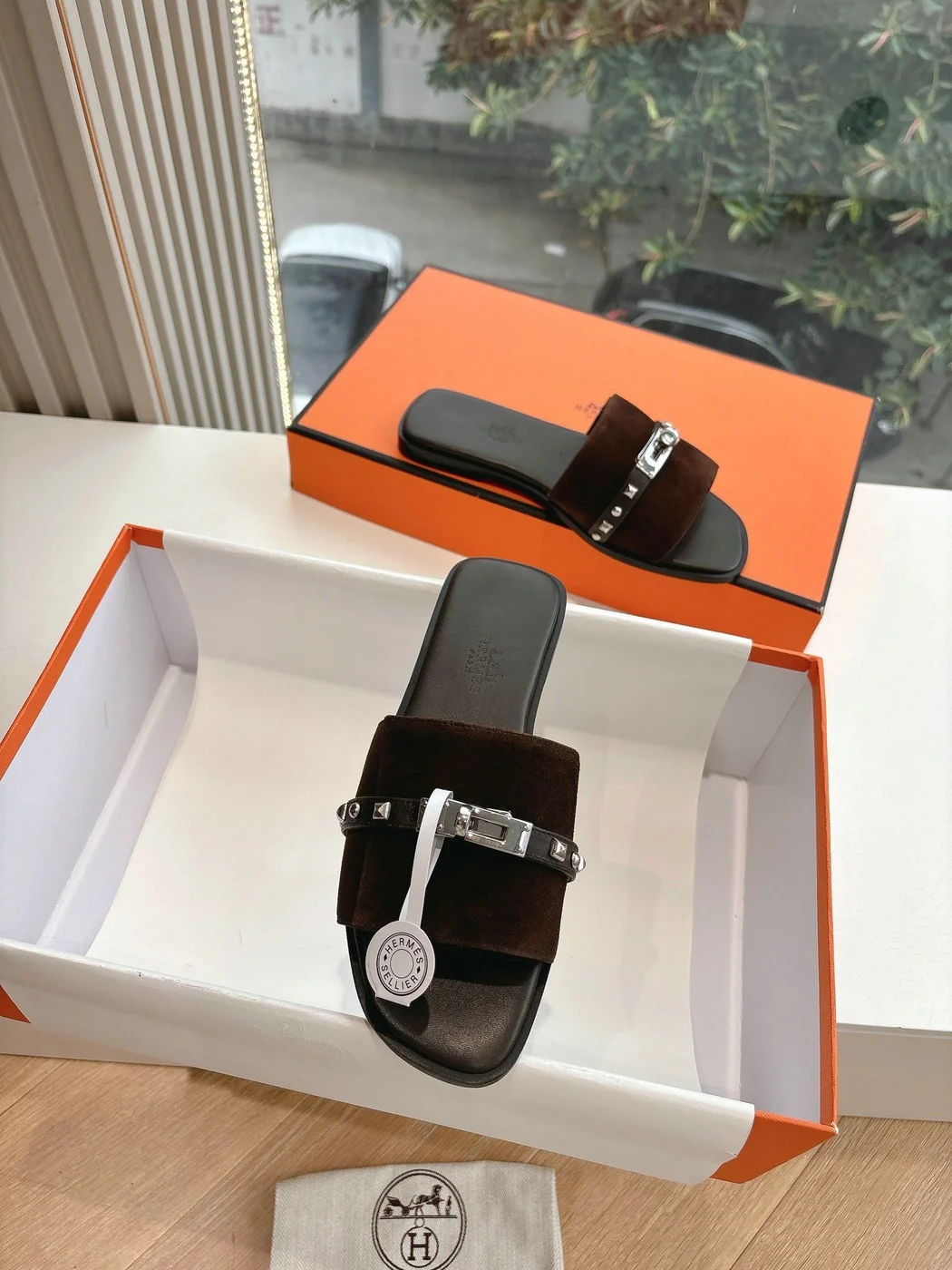 Hermès Women Dark Brown Suede Leather Strap Mules product view 4