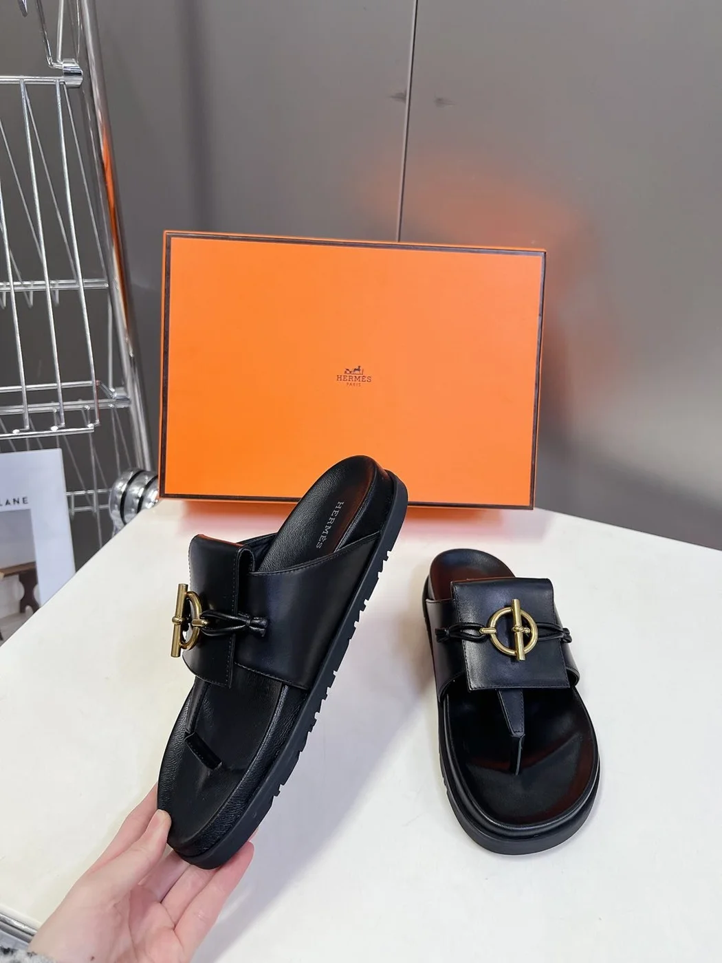 Hermès Women Black Leather Sandals — Gold-Tone Buckle Slides product view 5