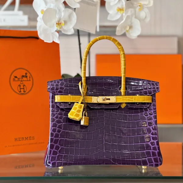 Hermès Birkin 30 Purple/Gold Crocodile Leather Gold Hardware – Custom Made Bag product photo