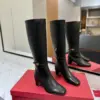Valentino Women Black Leather Knee High Boots — Heeled Ankle-Strap Style product view 1