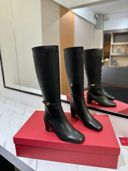 Valentino Women Black Leather Knee High Boots — Heeled Ankle-Strap Style product photo
