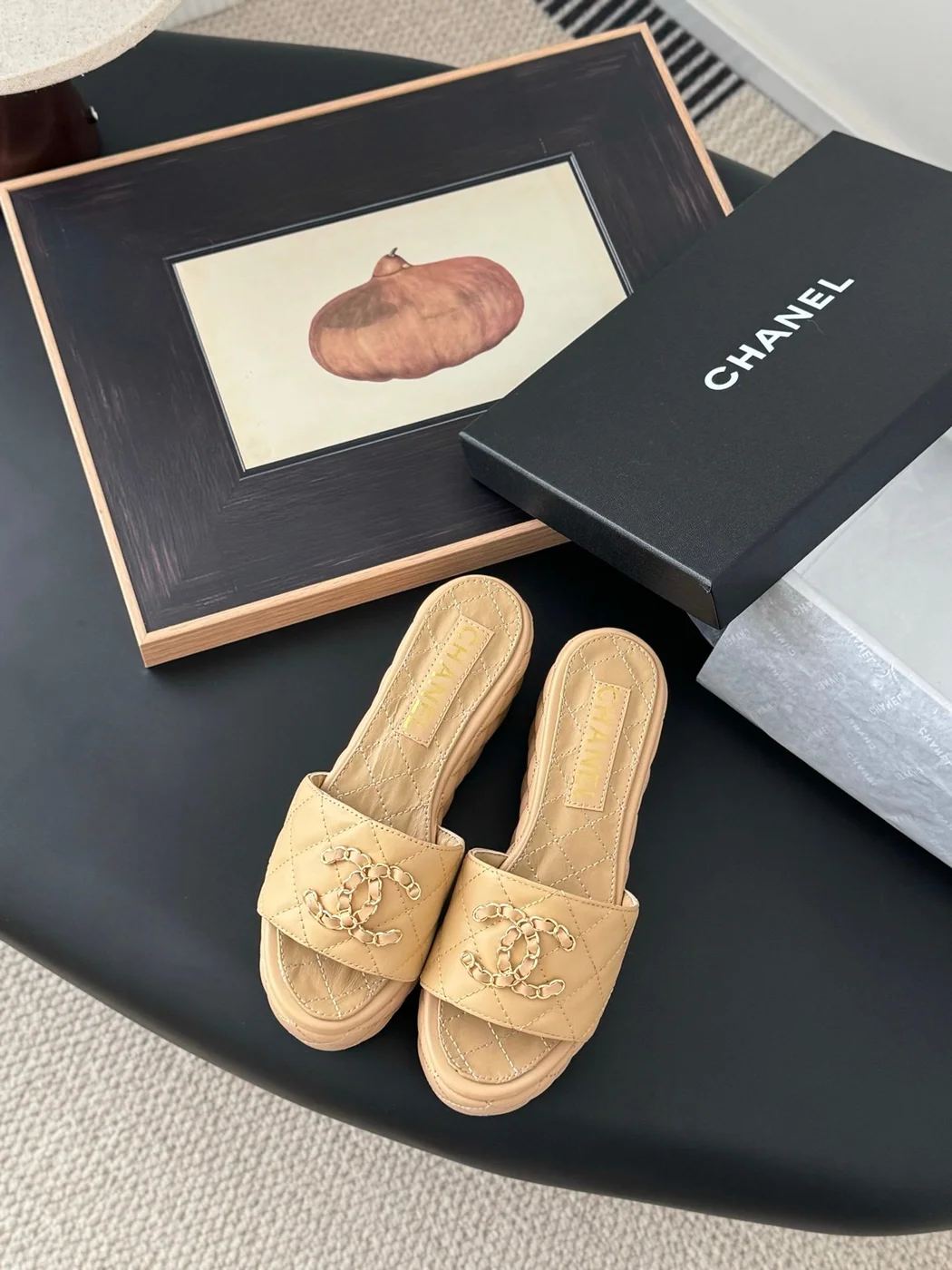 Chanel Women Beige Quilted Leather Slides — Chain-Woven CC Detail product view 1