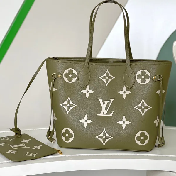 Louis Vuitton Neverfull MM Khaki Cream Monogram Empreinte Leather Bag product photo