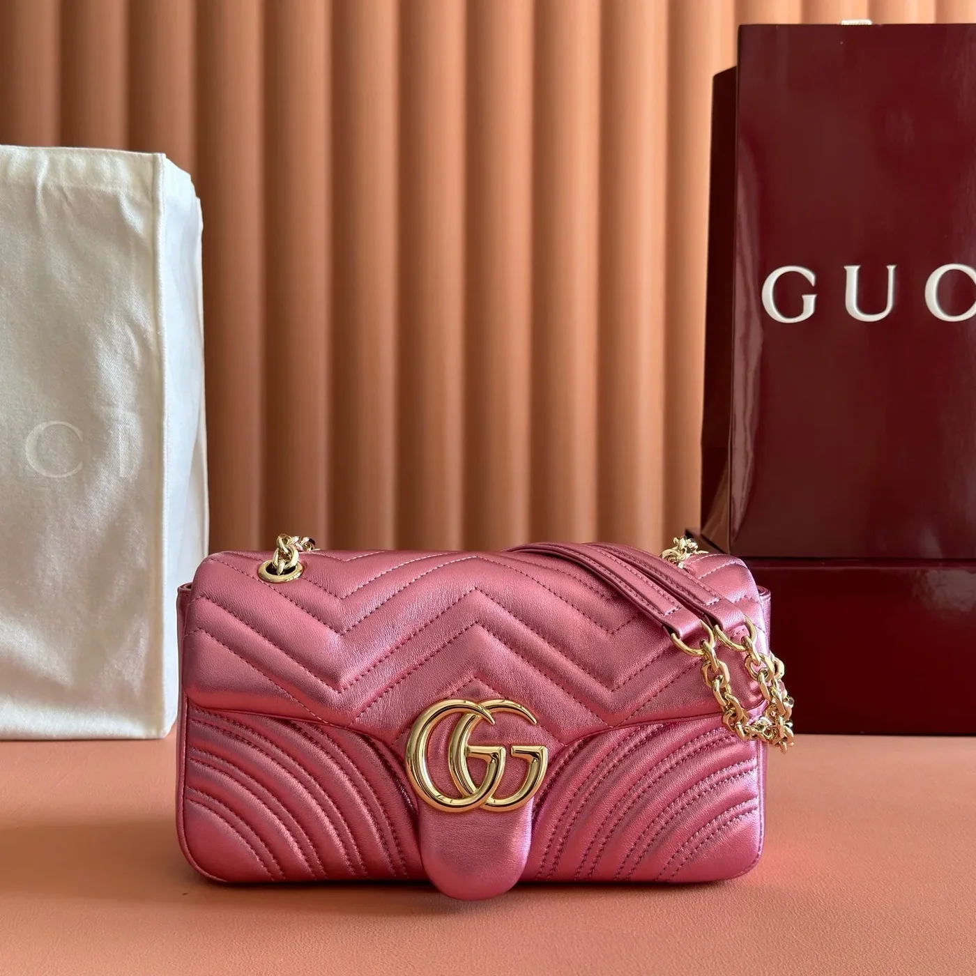Gucci GG Marmont Bag 22 In Metallic Pink Lambskin product view 1
