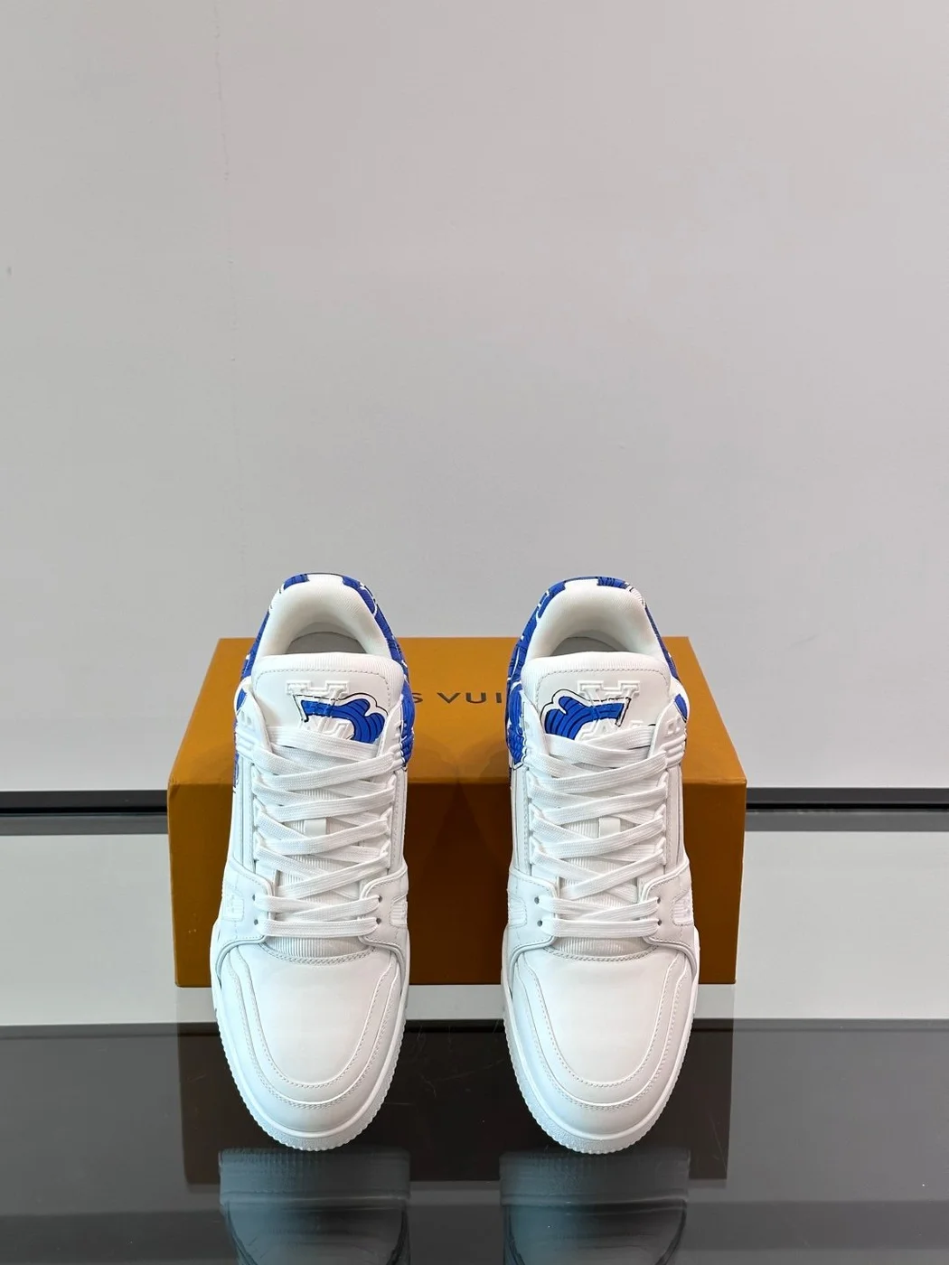 Louis Vuitton Men White and Blue Sneakers — Blue Floral Side Pattern product view 6