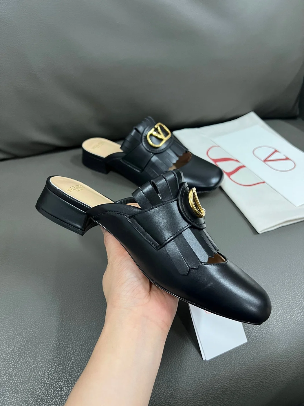 Valentino Women Black Leather Fringe Mules product view 4