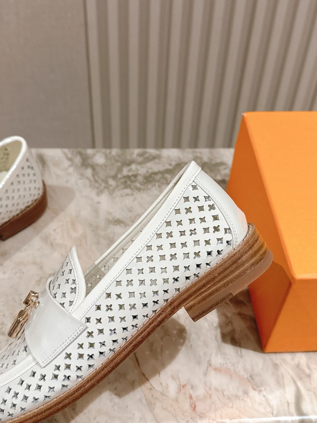Louis Vuitton Women White Leather Loafers — Woven Upper Detail product view 5