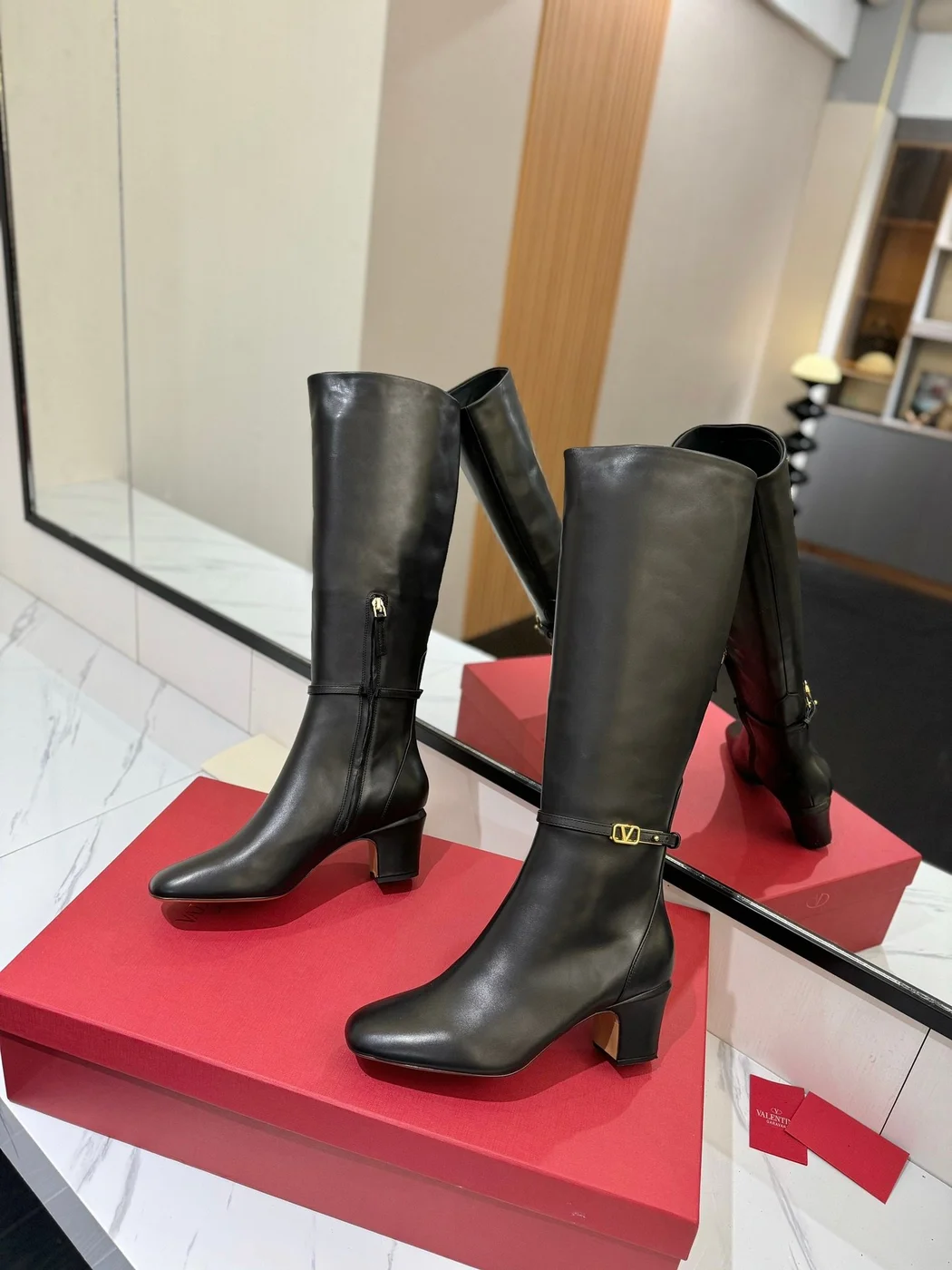 Valentino Women Black Leather Knee High Boots — Heeled Ankle-Strap Style product view 6