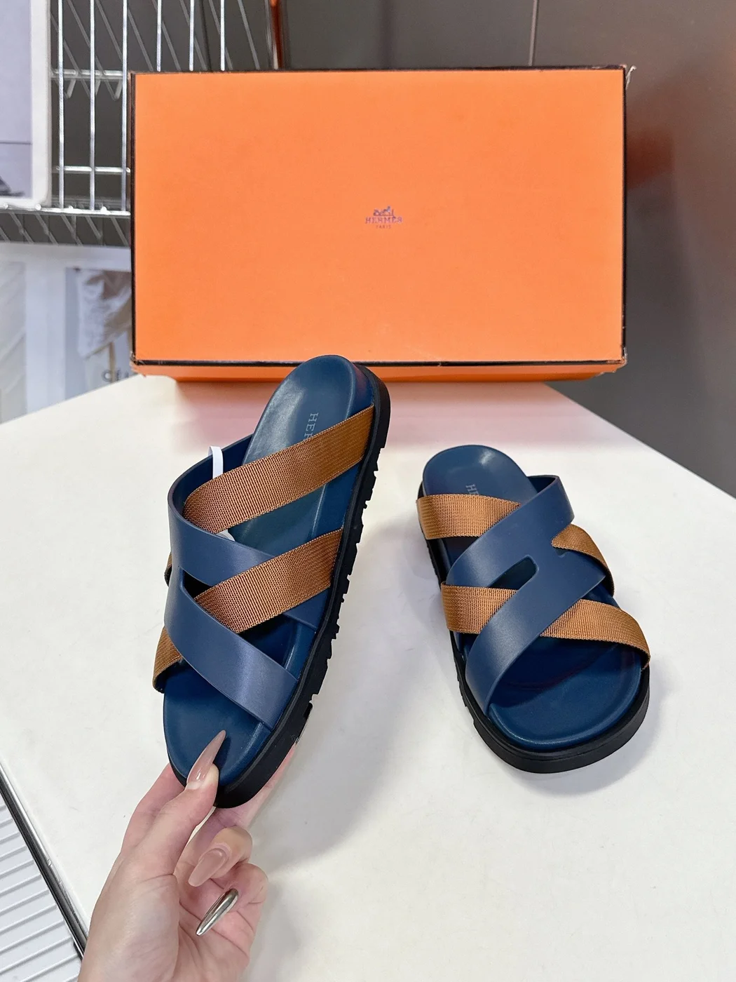 Hermès Women Navy Blue Leather And Brown Sandals product view 5