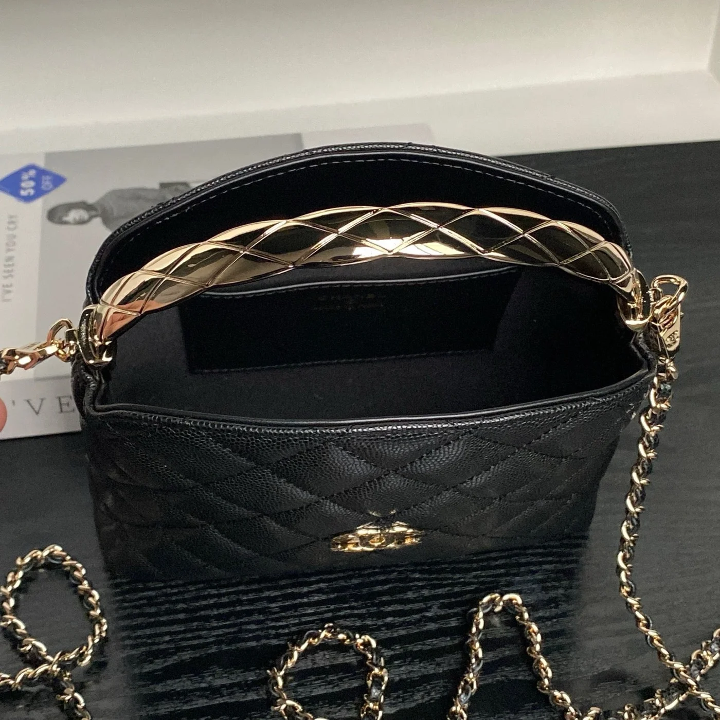 Chanel 24A Hobo Handbag in black quilted caviar leather product view 9