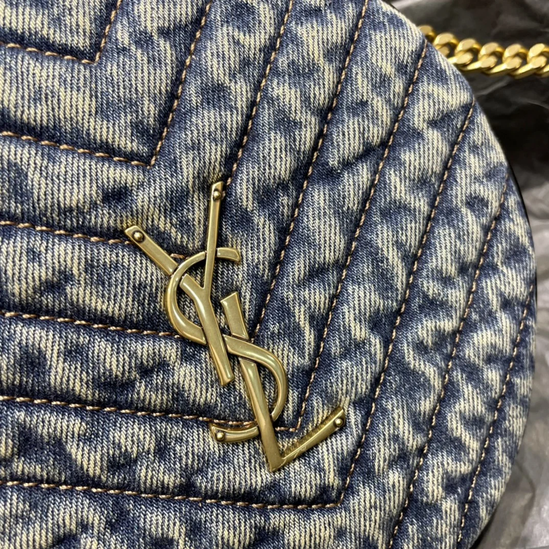 Saint Laurent Women Vinyle Round Camera Bag in Chevron-Quilted Denim and Suede product view 5
