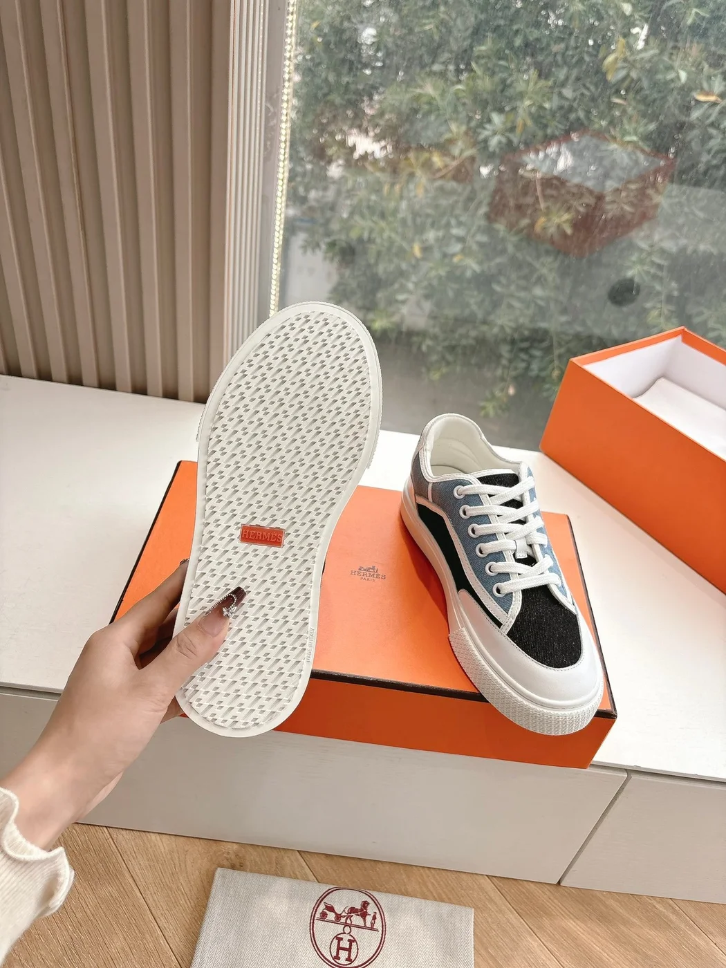Hermès Women Black Blue Canvas And Leather Sneakers product view 2
