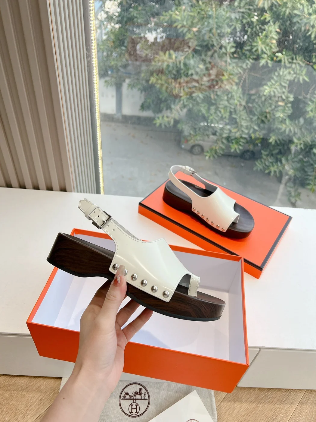 Hermès Women White Leather Wooden Sole Sandals product view 4