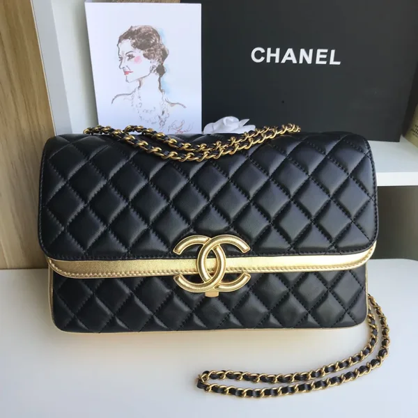 Chanel Woman’s Handbags Black Mix Yellow Leather 25 cm product photo
