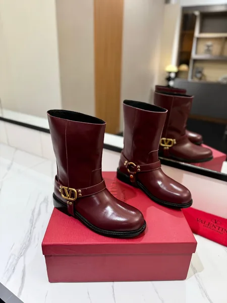 Valentino Women Burgundy Leather Mid-Calf Boots product photo