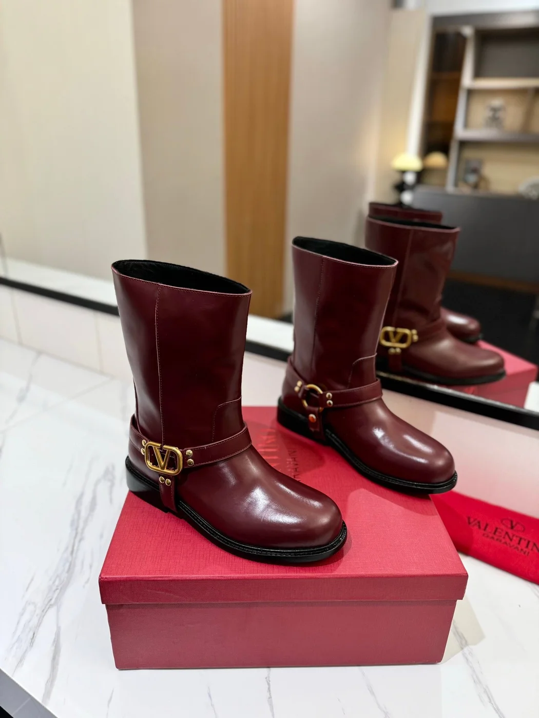 Valentino Women Burgundy Leather Mid-Calf Boots product view 1