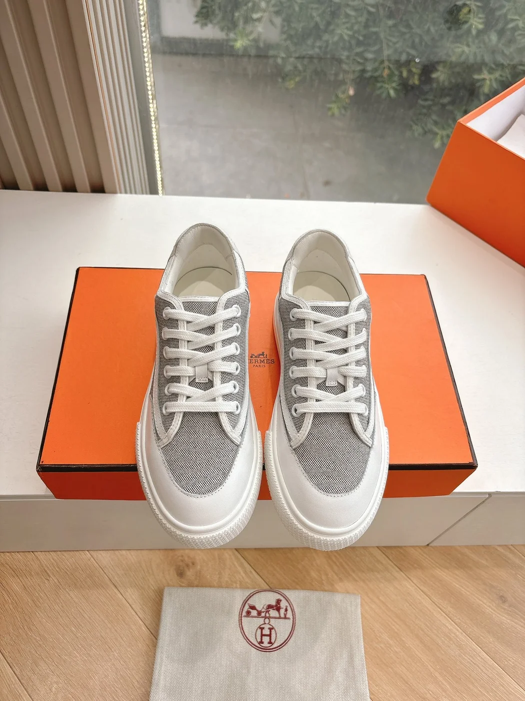 Hermès Women White Gray Mesh Canvas Sneakers product view 5