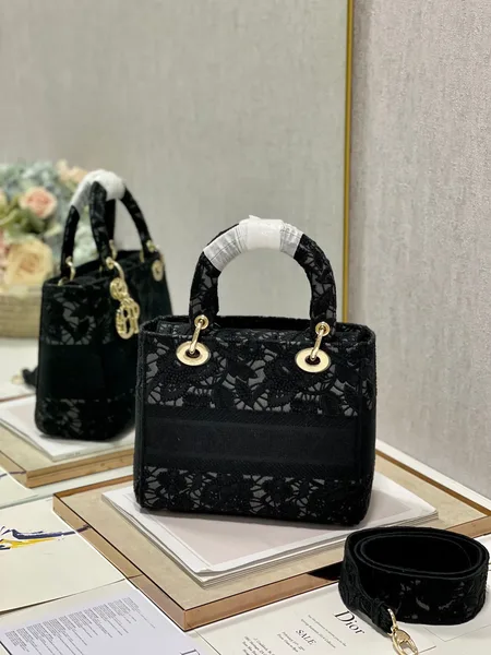 Dior Medium Lady D-Lite bag in black lace embroidery product view 8
