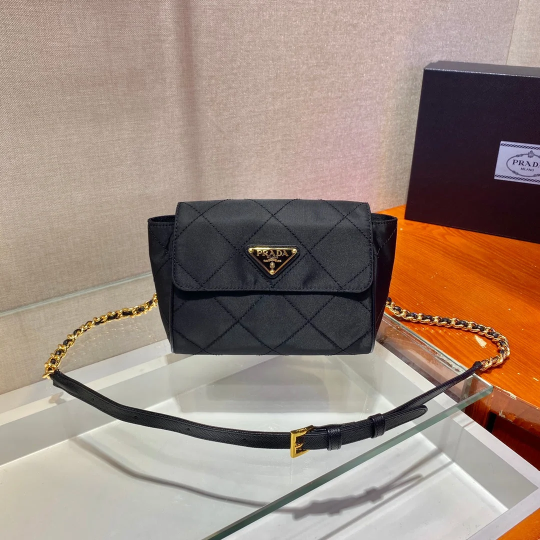 Prada Small Quilted Flap Bag 18 In Black Re-Nylon Fabric Gold Chain product view 2