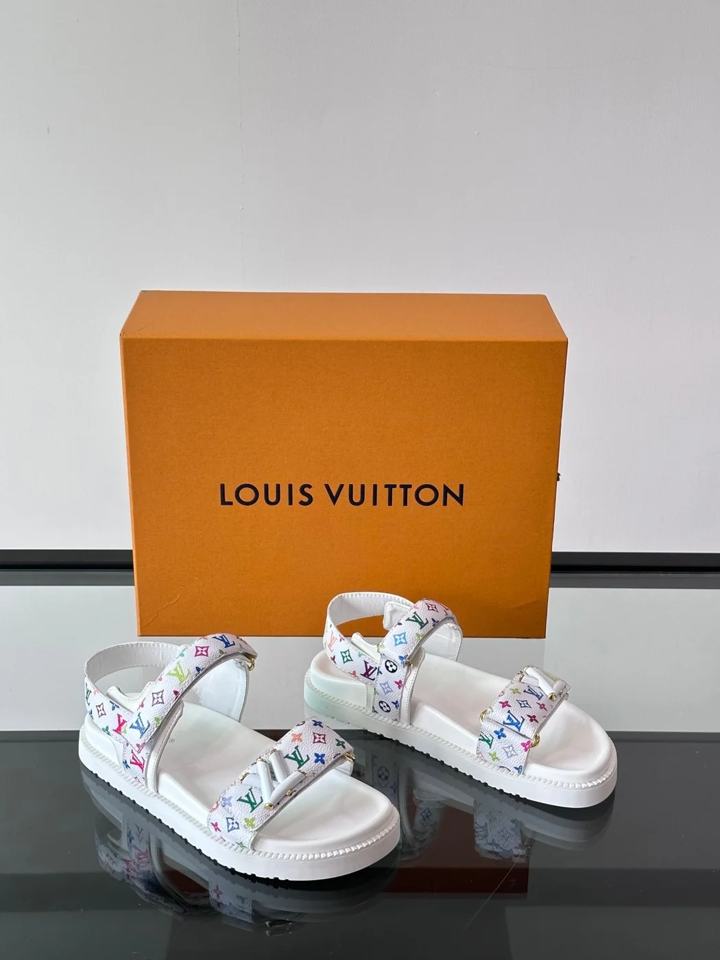 Louis Vuitton Men White Canvas Multicolor Logo Sandals product view 5