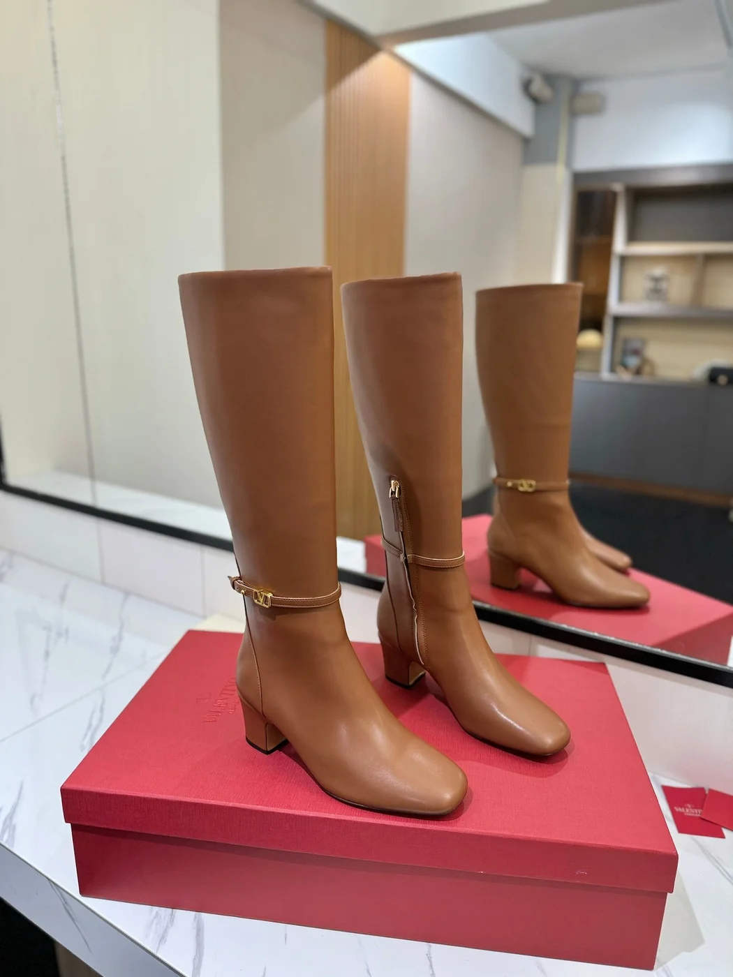 Valentino Women Tan Leather Mid-Calf Boots product view 1