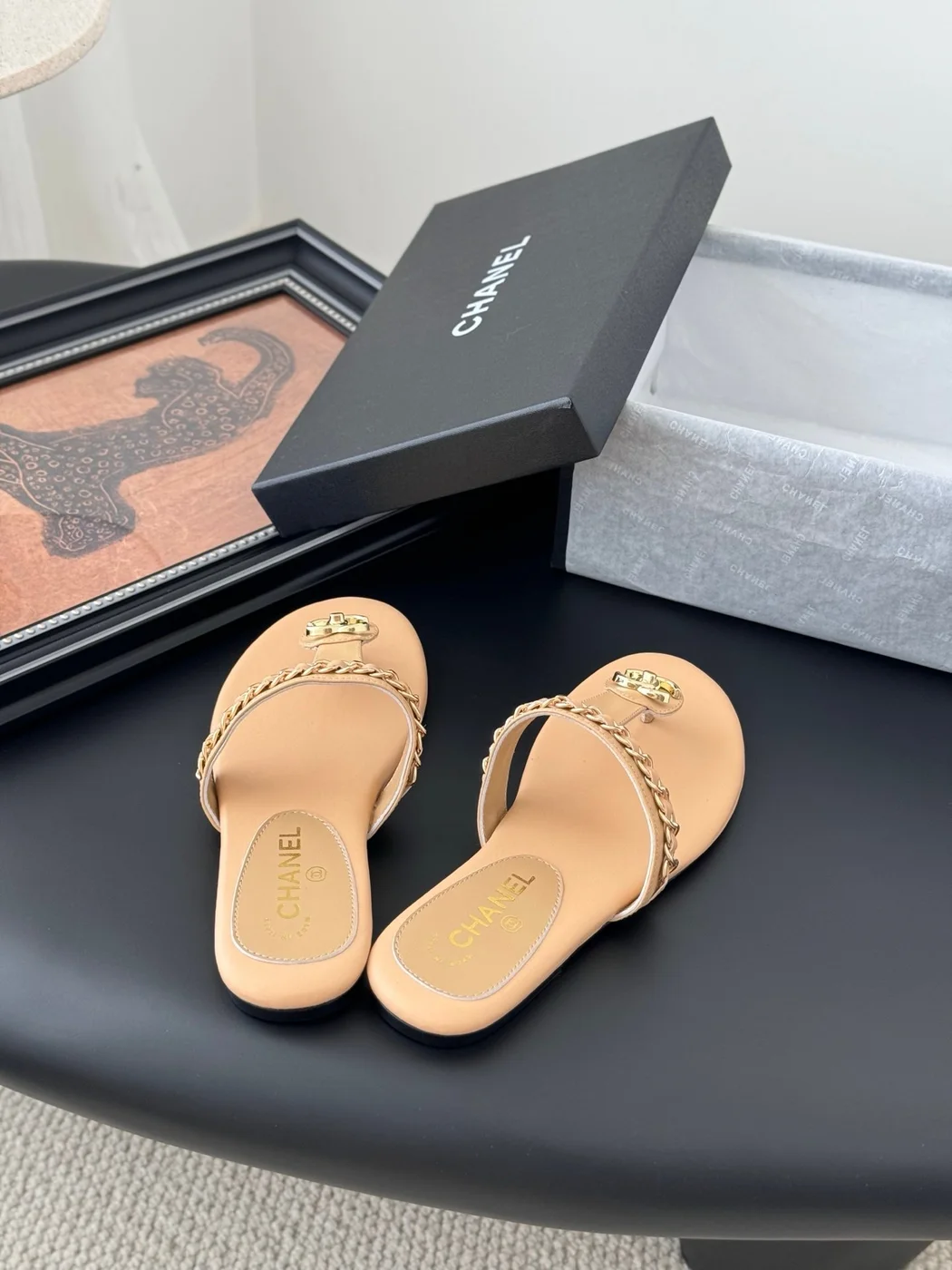 Chanel Women Beige Sandals — Chain-Detail T-Strap product view 2