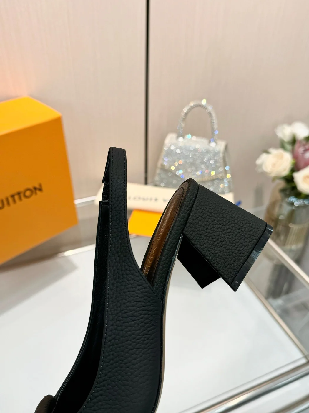 Louis Vuitton Women Black Leather Slingback Heels — Square-Toe Style product view 2
