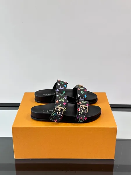 Louis Vuitton Men Black Leather Multicolor Monogram Slides product photo