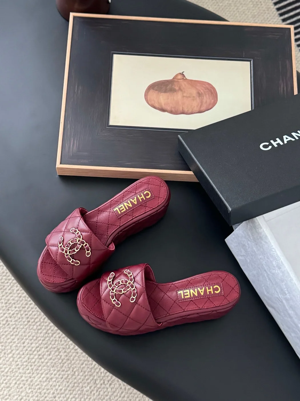 Chanel Women Burgundy Quilted Leather Slides — Chain-Woven CC Detail product view 5