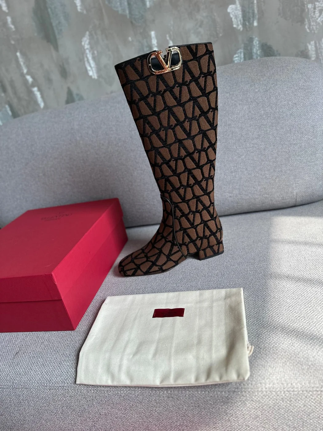 Valentino Women Brown Patterned Fabric Boots product view 4