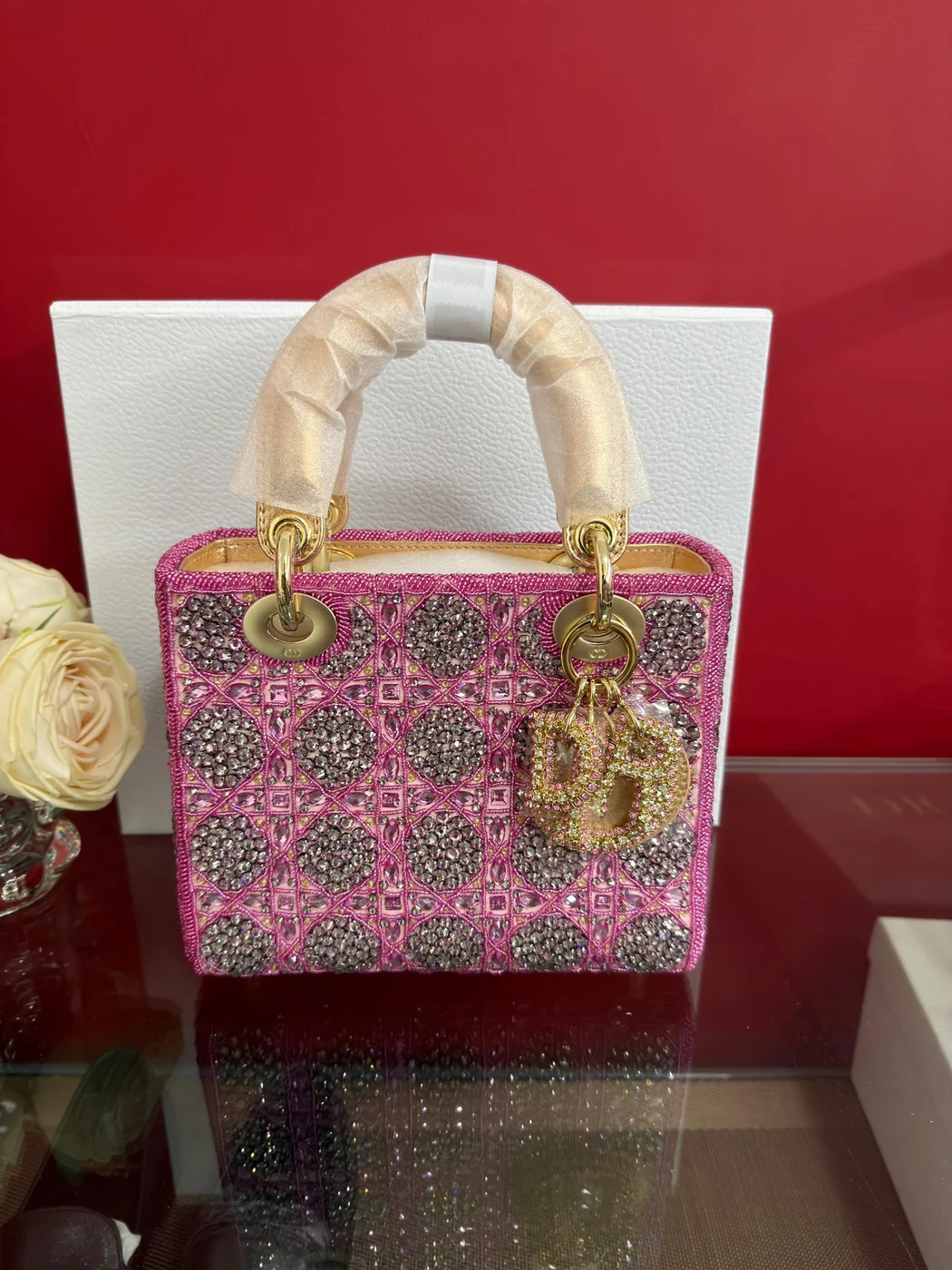 Dior Lady Bag Metallic Calfskin & Satin with Rose Des Vent product view 2