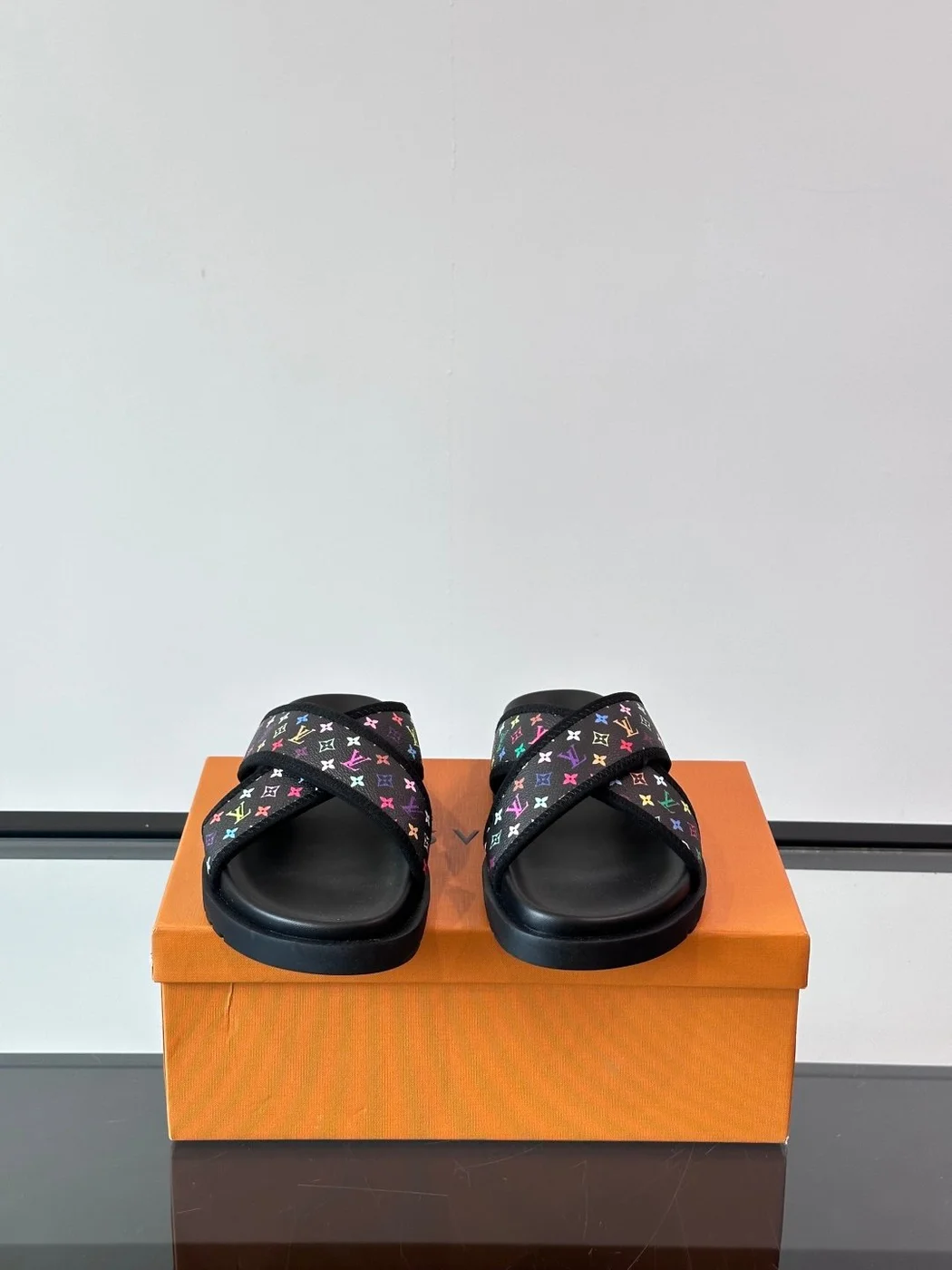 Louis Vuitton Men Black Multicolor Canvas Slides product view 2