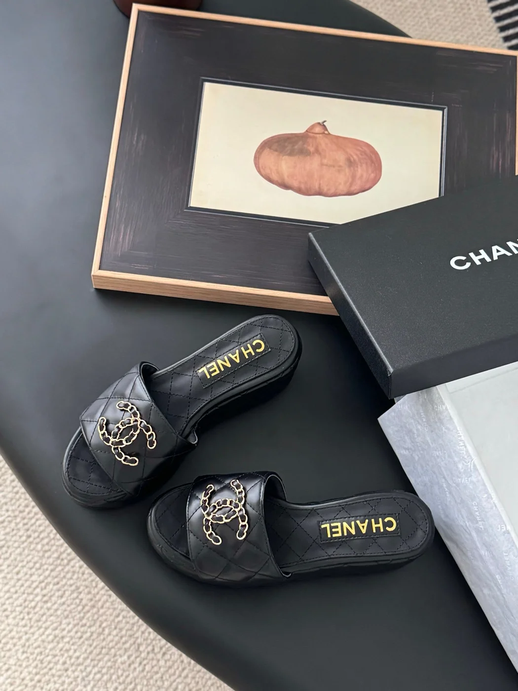 Chanel Women Black Leather Quilted Slides — Chain-Woven CC Detail product view 6