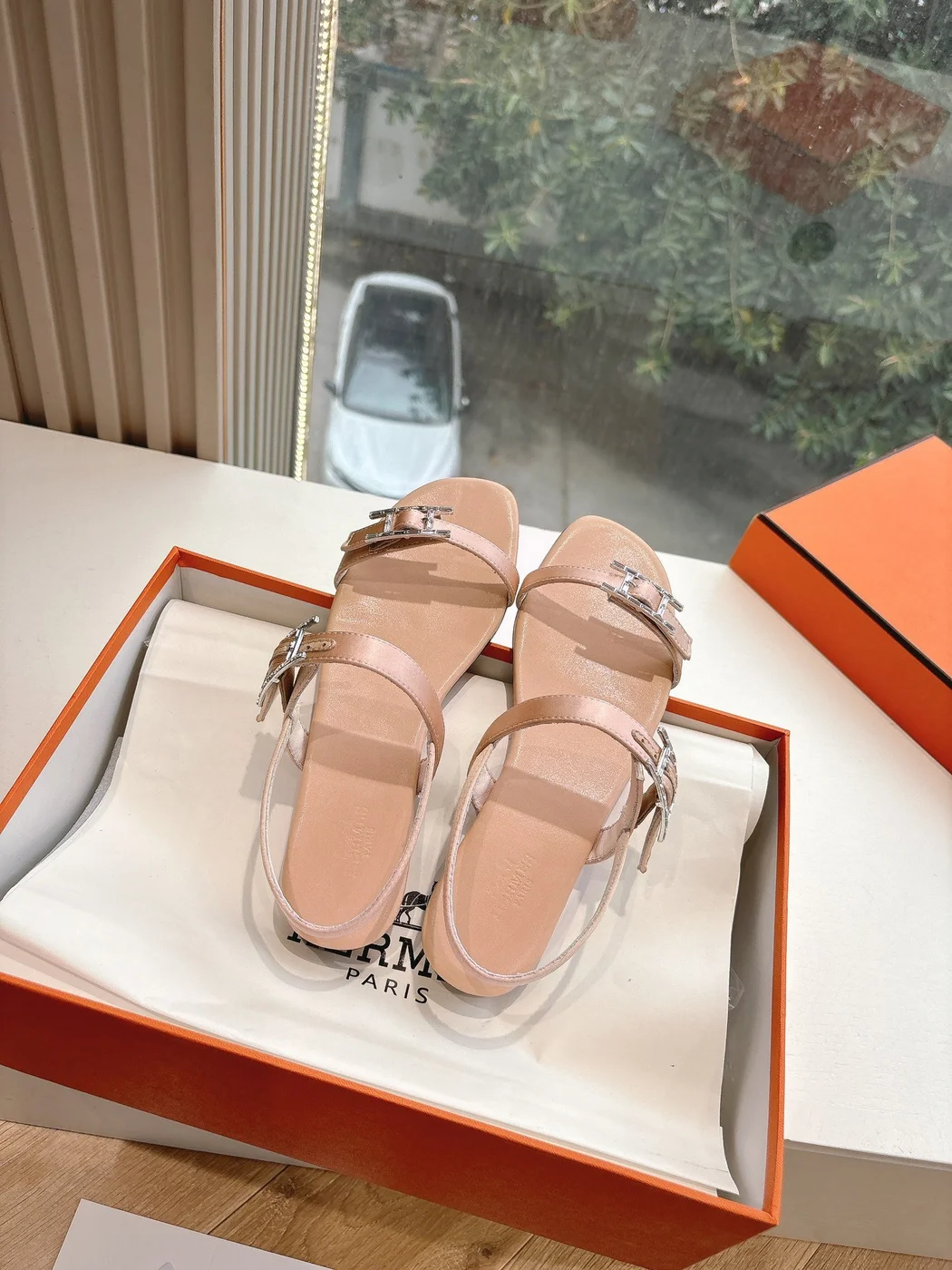 Hermès Women Beige Leather Strappy Sandals — Metal-Bar Strap Detail product view 4