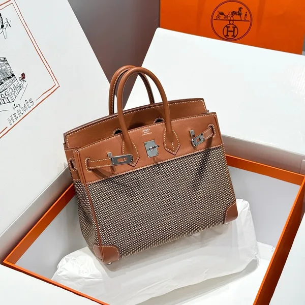 Hermès Birkin 25 cm In Gold Swift And Black/White/Brown Toile Canvas Bag product photo