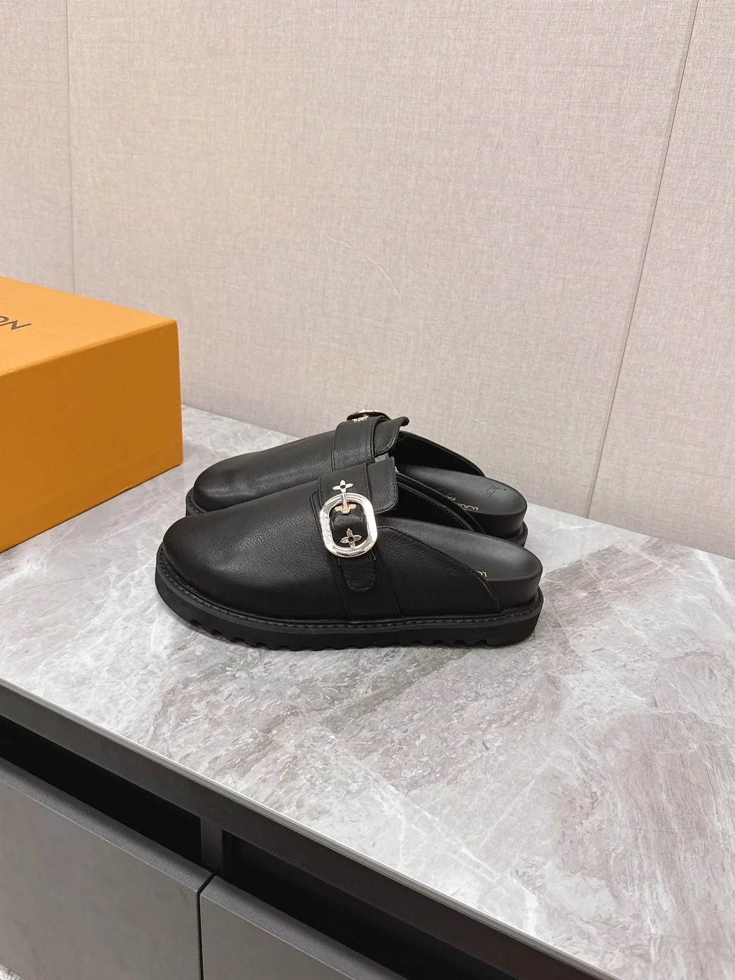 Louis Vuitton Women Black Leather Mules — Round Gold-Tone Buckle Detail product view 5