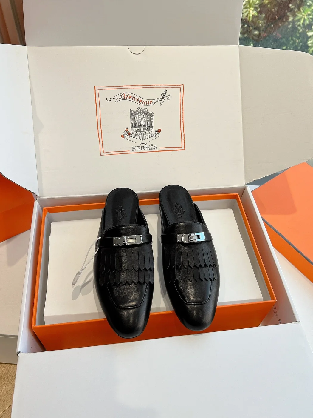 Hermès Women Black Leather Mules — Textured Loafer Style product view 2