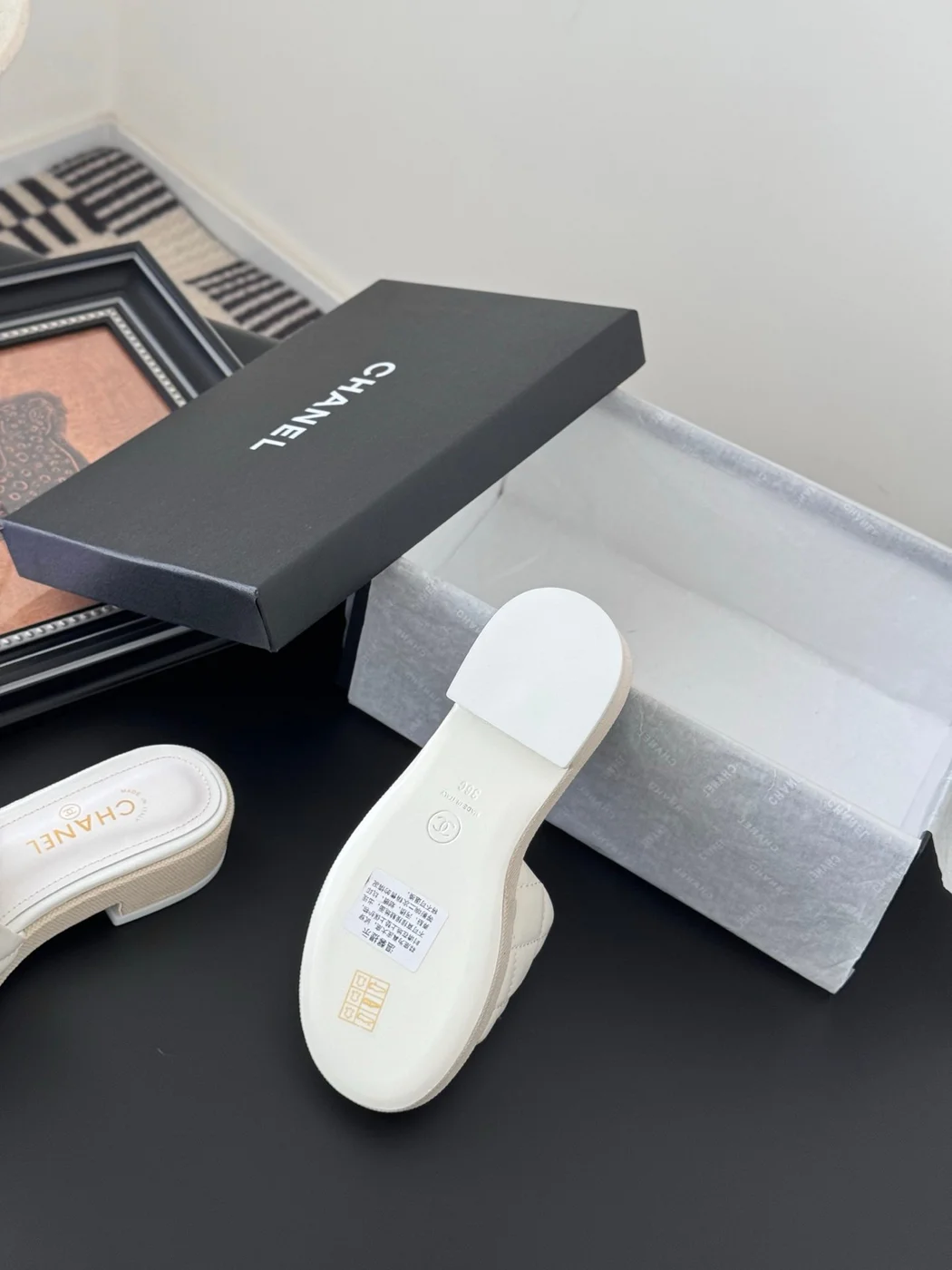 Chanel Women White Quilted Leather Slides — Tonal CC Detail product view 4