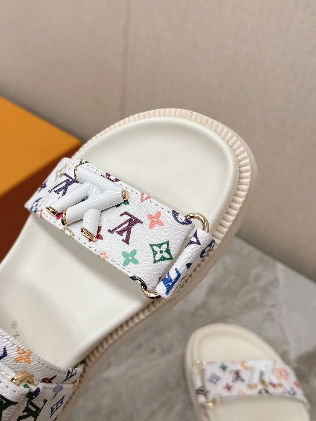 Louis Vuitton Women White Patterned Fabric Sandals product view 2
