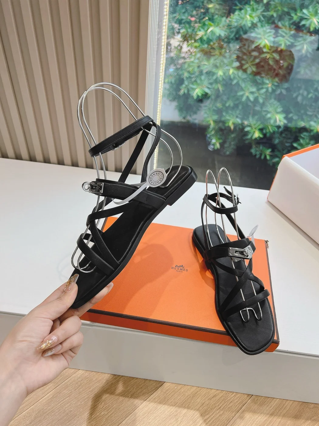 Hermès Women Black Leather Strappy Sandals — Link-Detail T-Strap product view 5