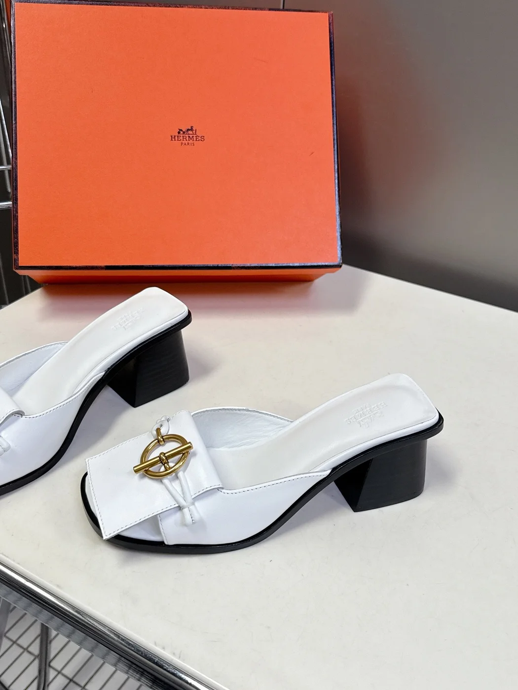 Hermès Women White Leather Heels product view 4