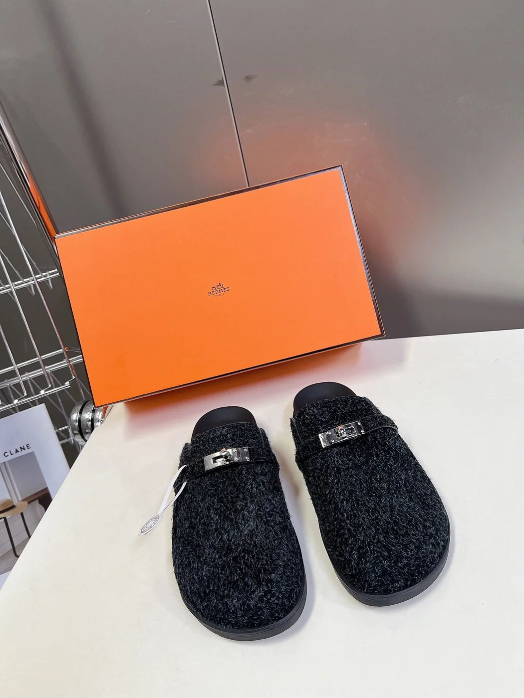 Hermès Women Black Fuzzy Fabric Mules product view 1