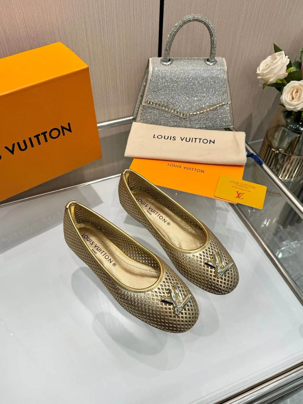 Louis Vuitton Women Gold Metallic Mesh Ballet Flats product view 1