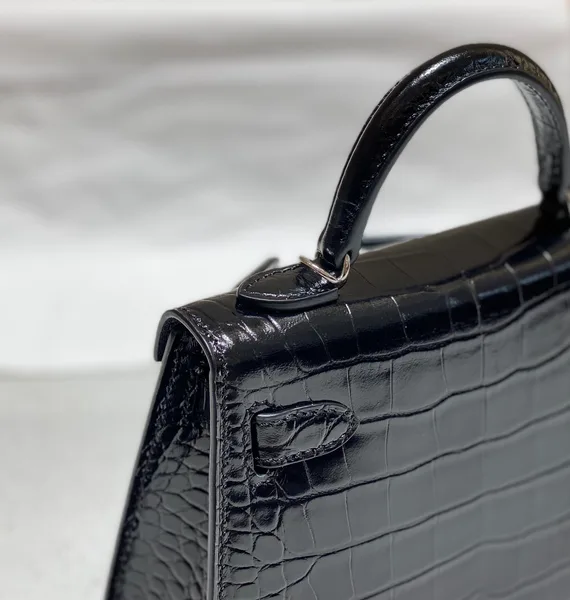 Hermès Mini Kelly In Black Crocodile Skin Silver Hardware Bag product view 7