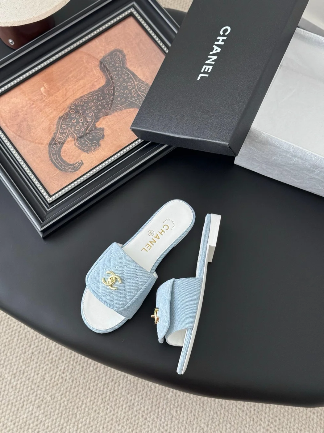 Chanel Women Quilted-Fabric Slides — Pale Blue and White product view 3