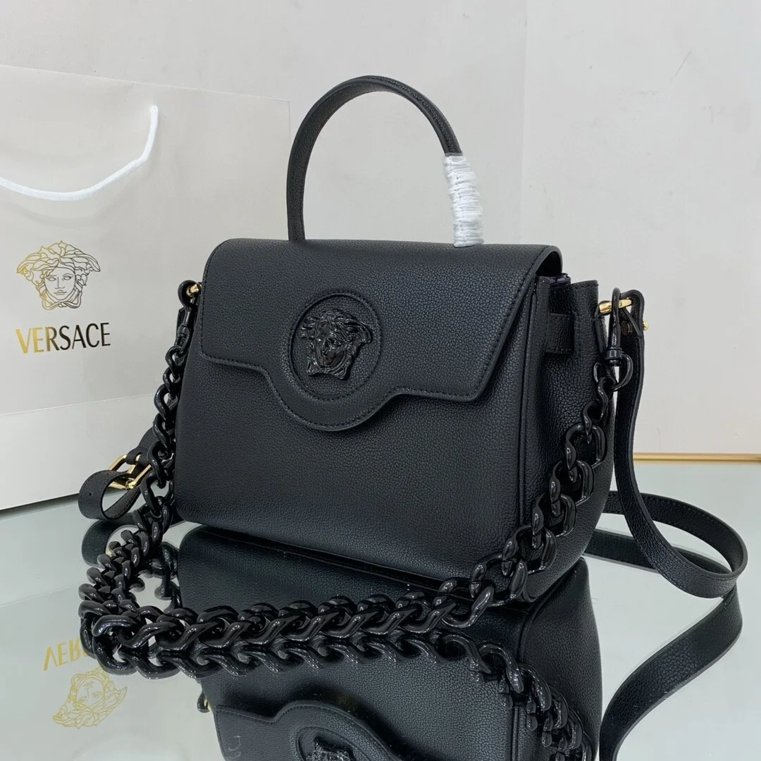 Versace La Medusa medium top handle bag in black grained leather product view 3