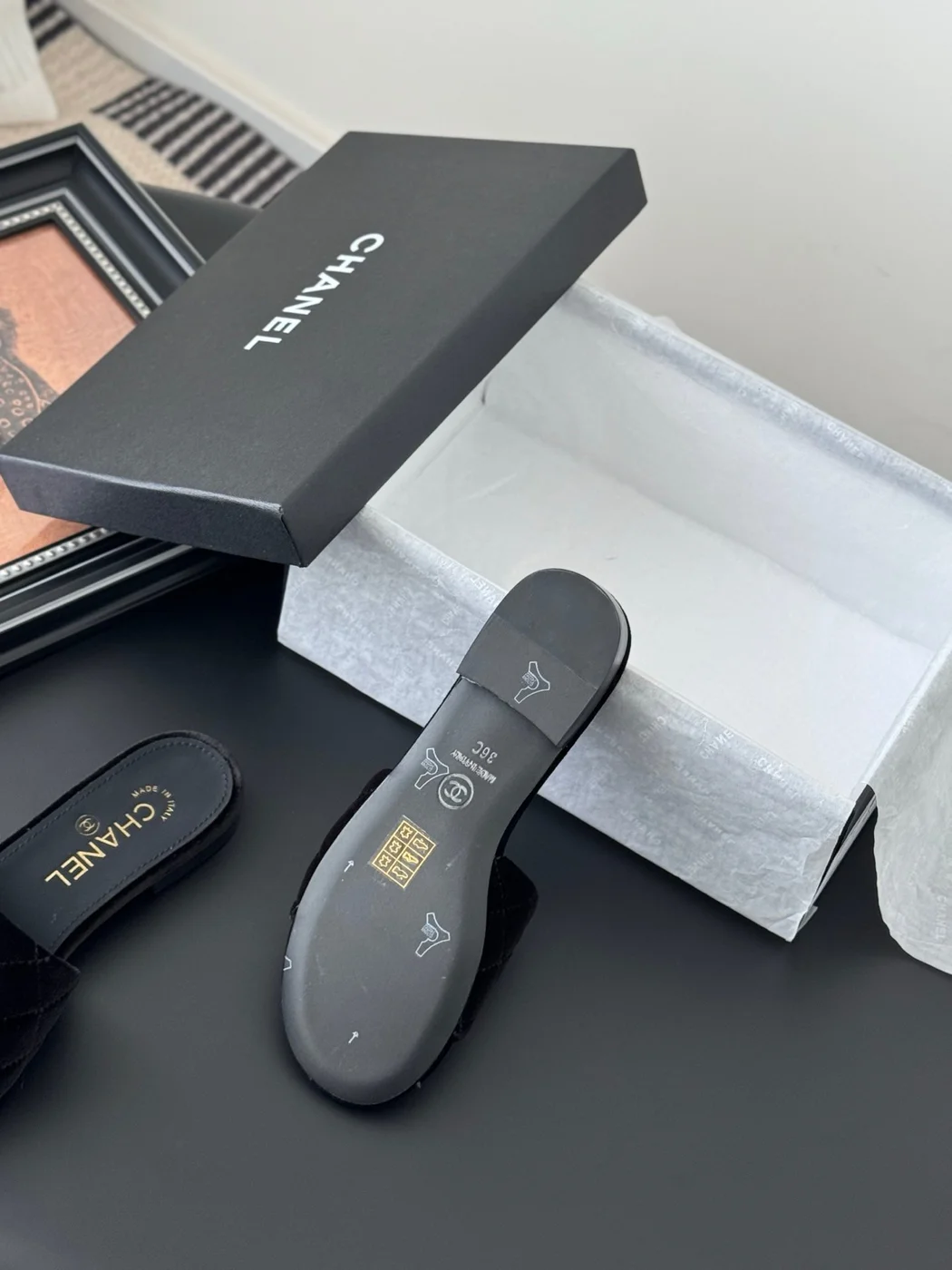 Chanel Women Black Velvet Quilted Slides product view 4