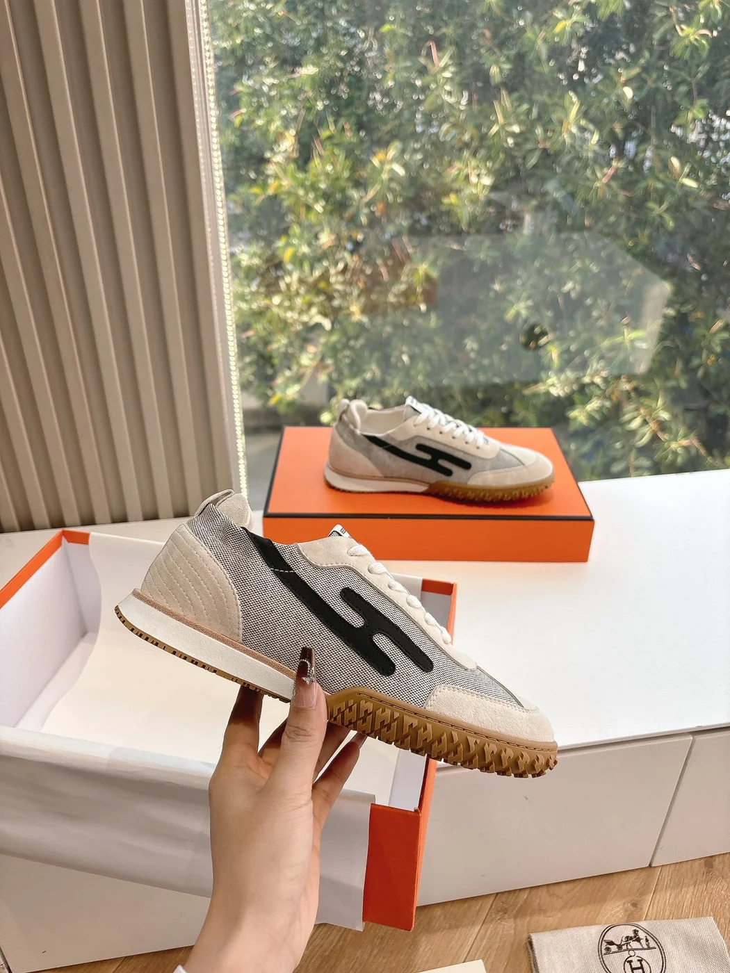 Hermès Women White Suede And Mesh Sneakers product view 5