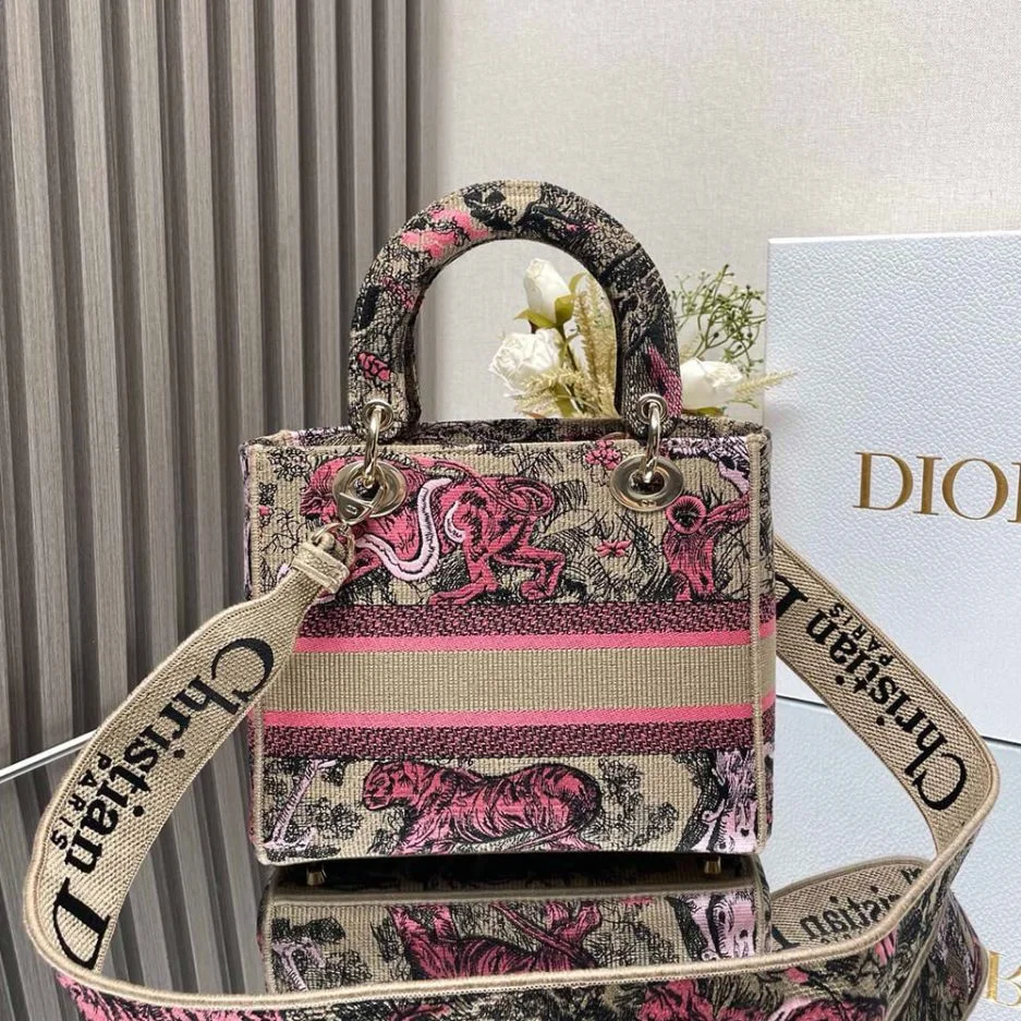 Dior Medium Dioriviera Lady D-Lite Bag — Black and Pink Pattern product view 3
