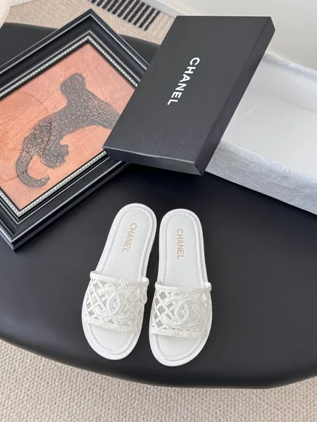 Chanel Women White Woven Leather Slides product photo